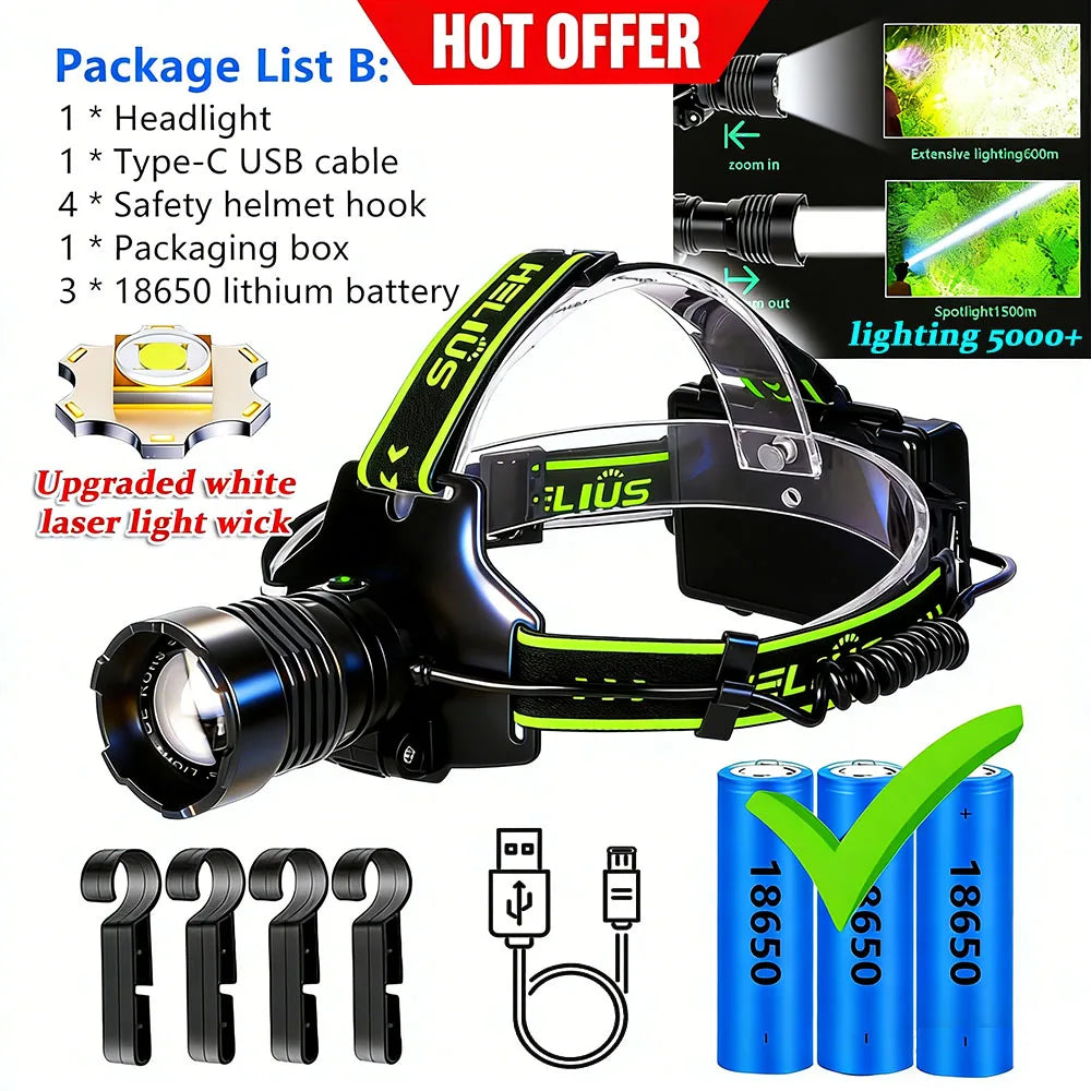 KENSUN High-Power LED Headlight USB Charging Zoom Head Flashlight Waterproof Lantern Outdoor Camping Fishing Waterproof 100000L