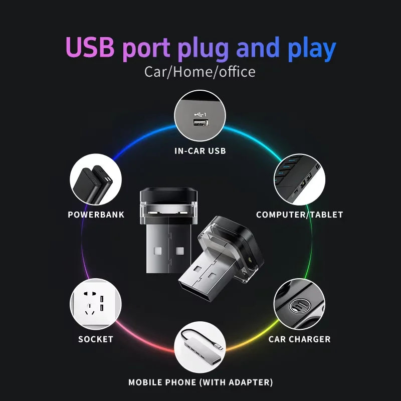 1/2X Car USB Mini LED Interior Atmosphere Light Plug Play Un