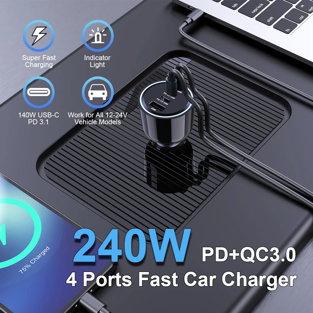 Ubigbuy 240W Car Charger PD 3.1 140W 100W PPS 45W Super Fast
