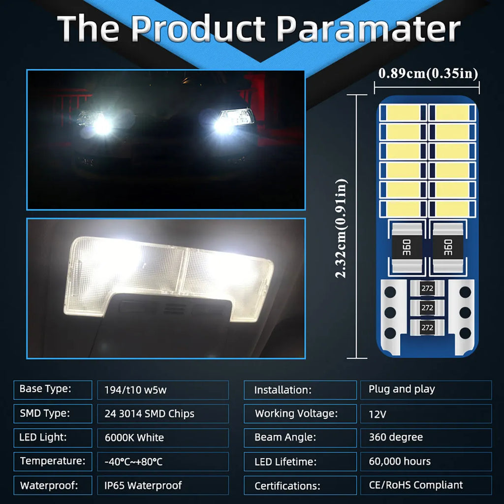 20PCS T10 W5W LED Canbus 3014 24SMD No Error 194 168 T10 LED