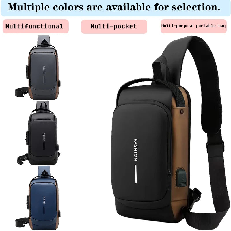 Men Anti-theft Sling Chest Bag With Password Lock USB Chargi