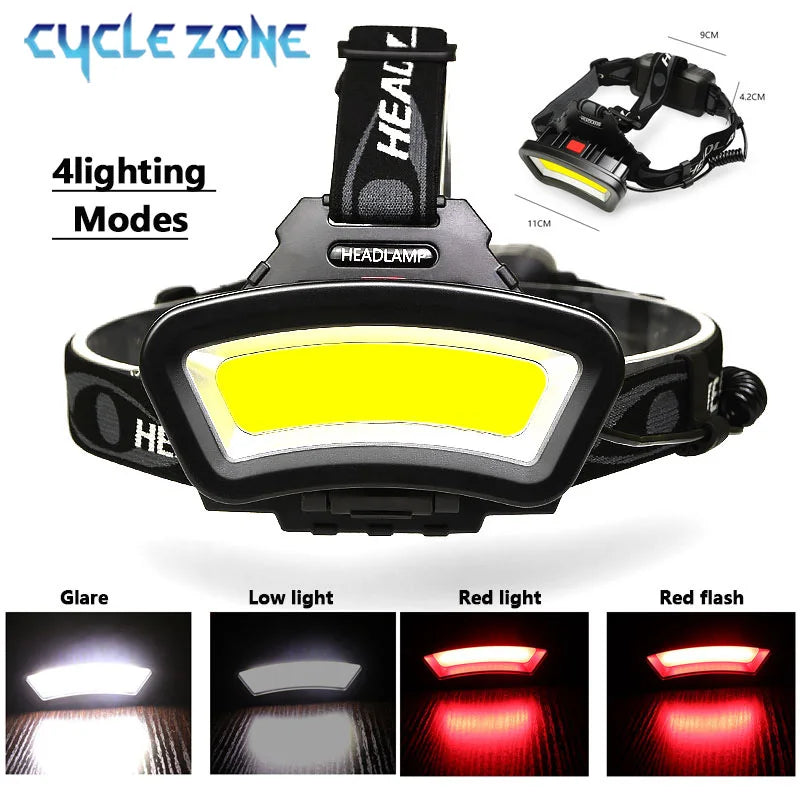 COB LED Headlamp USB Rechargeable Red White Light Fishing He