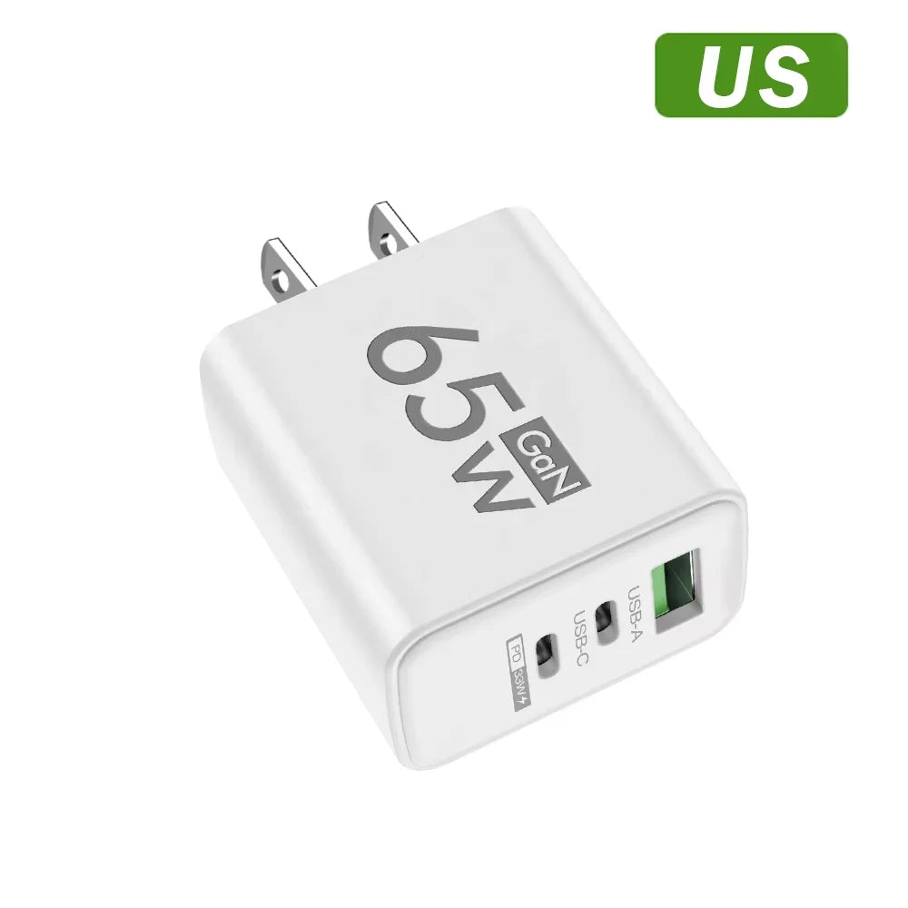 3 Ports PD 65W USB Fast Charging Charger Type C Mobile Phone Adapter For Samsung Huawei Xiaomi iPhone USB-C Quick Charge Charger