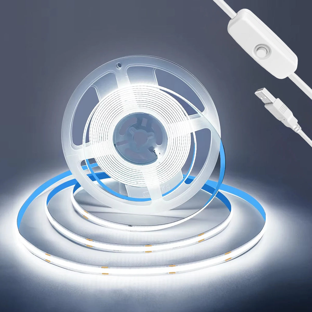 High Density COB LED Strip USB Button Switch Soft Uniform Light Flexible Easy Install For TV Backlight Bedroom Desk Shelf Home