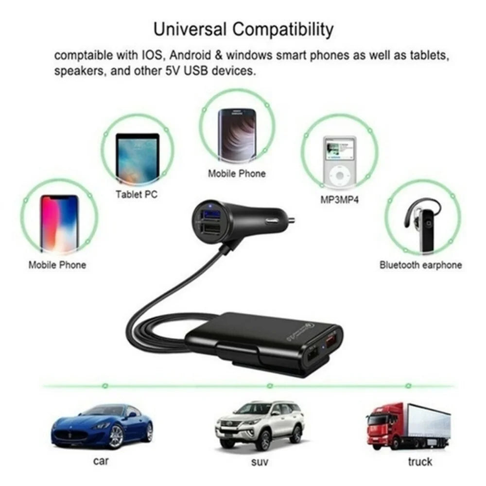Universal 4 Ports USB Car Charger Front Seat Back Seat QC3.0