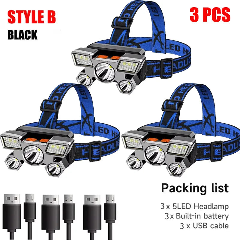 5 LED Flashlight Rechargeable with Built in Lithium Battery Strong Head Light Camping Adventure Fishing Cycling Headlamp