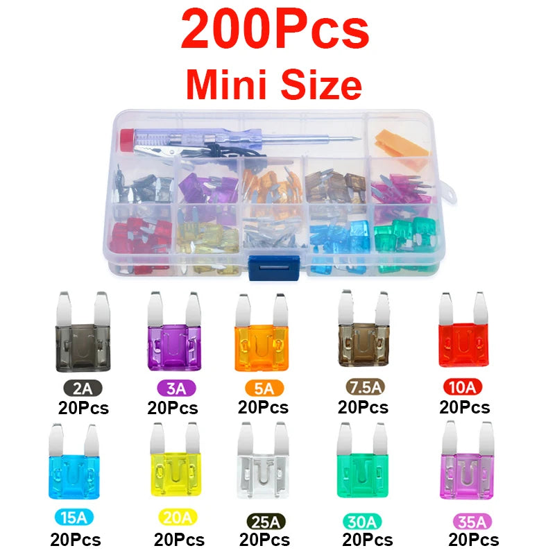 100/200Pcs Car Blade Fuse Assortment Kit Auto Truck Automotive Medium Small Sizes Mixed Motorcycle Circuit Fuse With Box 2A-35A
