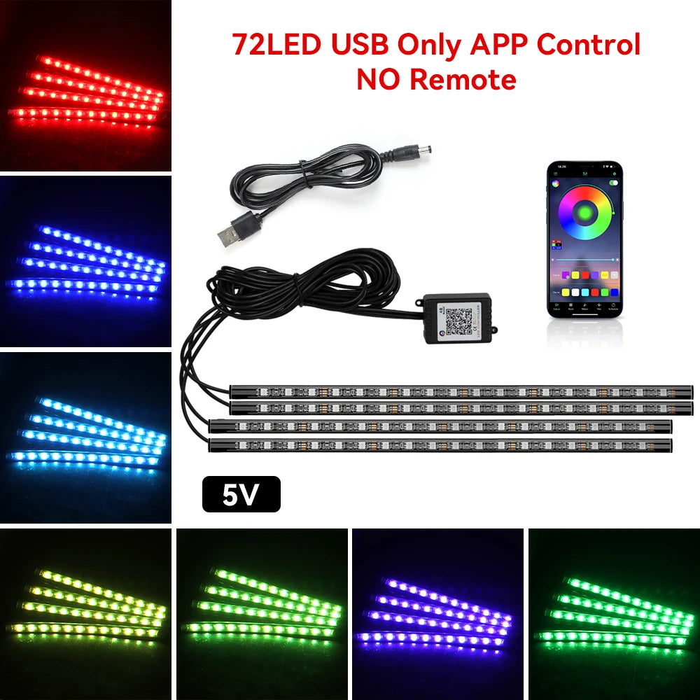 72/48/36 LED RGB Car Foot Ambient Light with USB Cigarette Automotive Interior Lights Strip Decoration Bar Remote/Voice Control