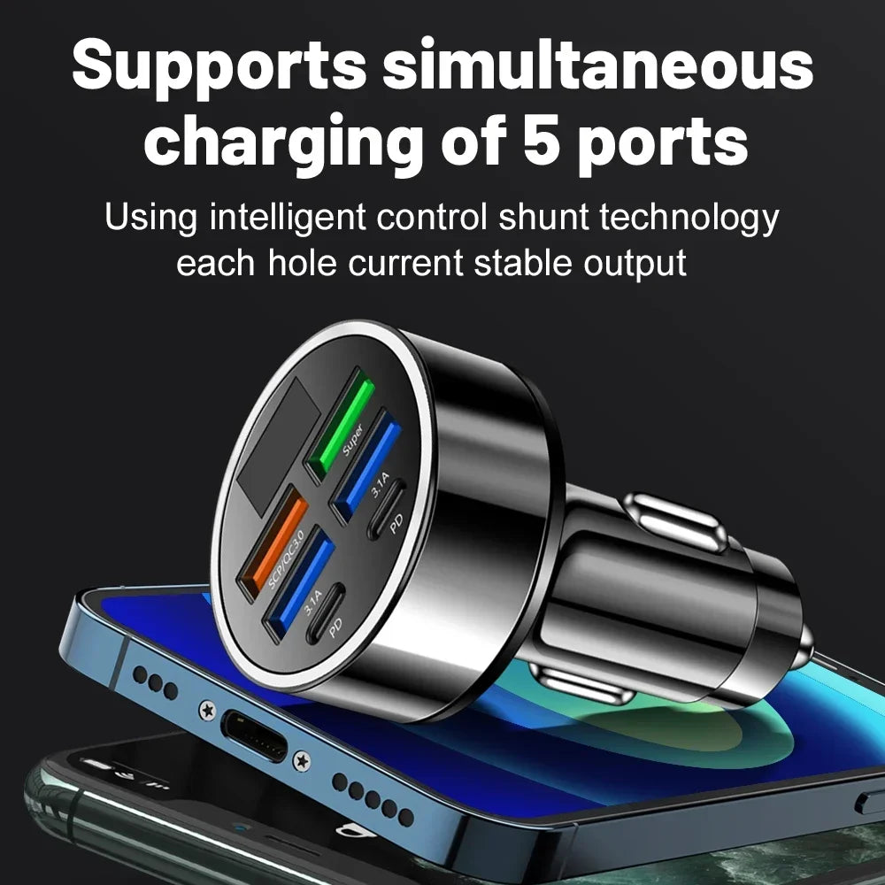 100W 6 Ports Car Charger Fast Charging PD QC3.0 USB C Car Ph