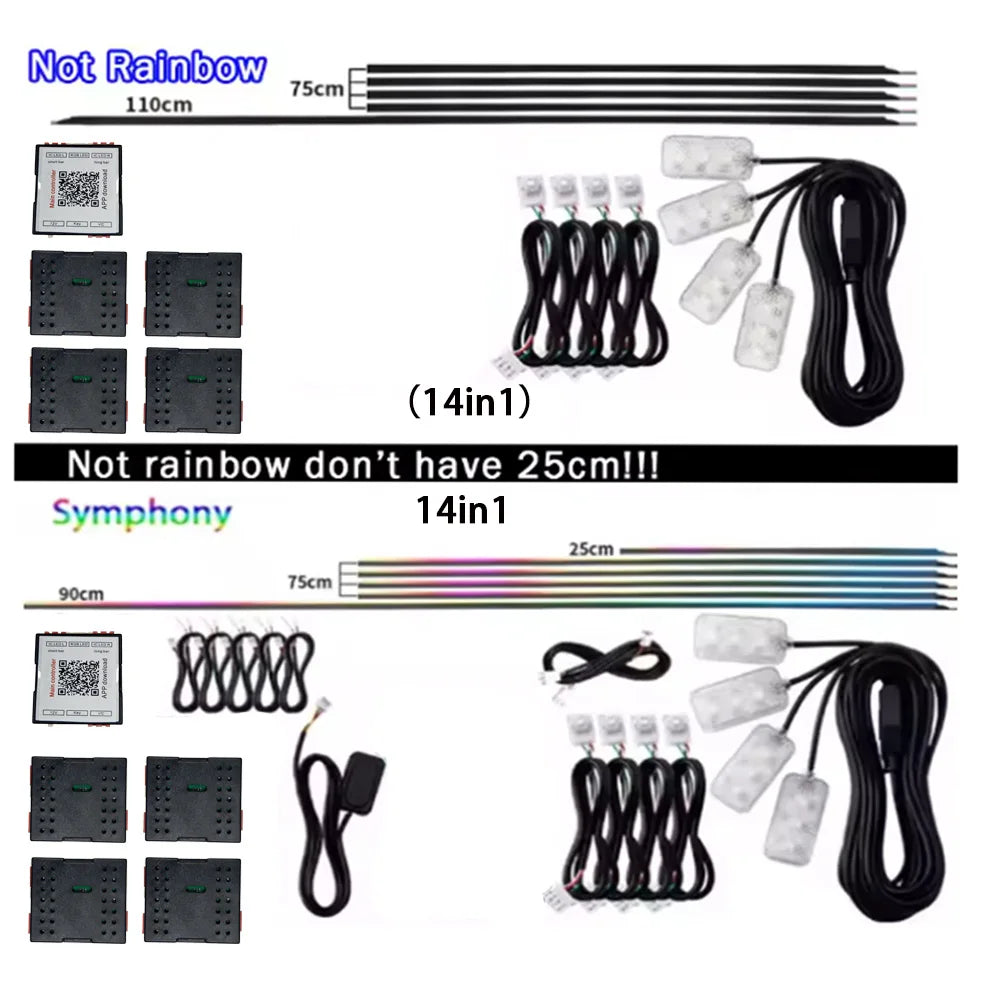 6/10/14/18 in 1 Led Car Ambient Lights RGB 213 64 Color Acrylic Strips Symphony Streamer Interior Rainbow Atmosphere Lamp Kit
