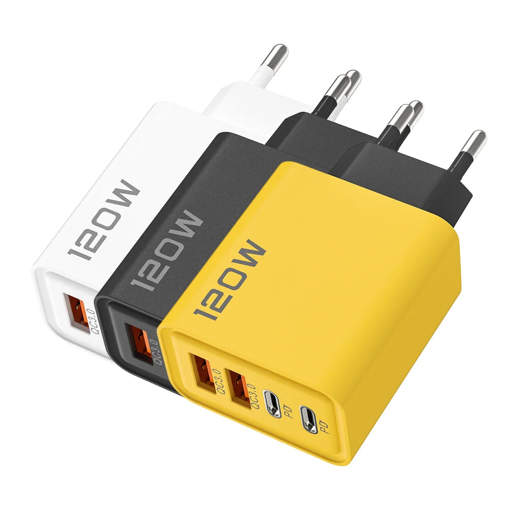 120W Fast Charging USB Charger 4 Port USB Type C Mobile Phone Charge Adapter for iPhone 15/16 Samsung Xiaomi Huawei 3.0 Charger