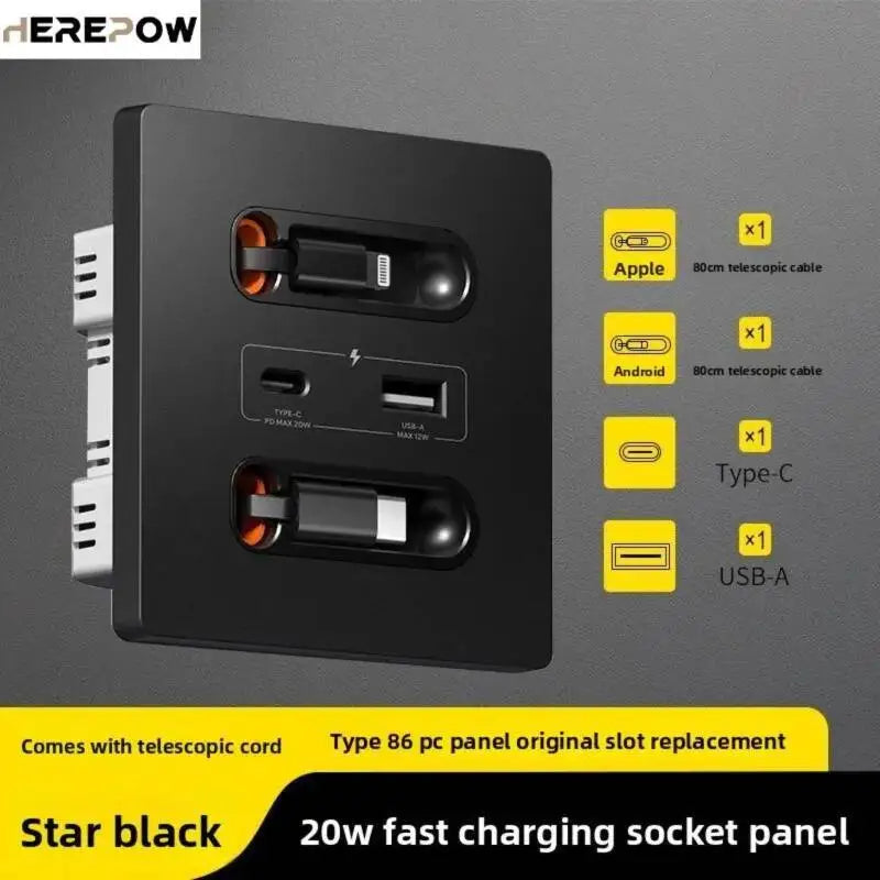 20W USB Type-C Fast Charging Socket USB C Port Multifunctional Universal Smart Wall Adapter With Dual Expandable Charging Cables