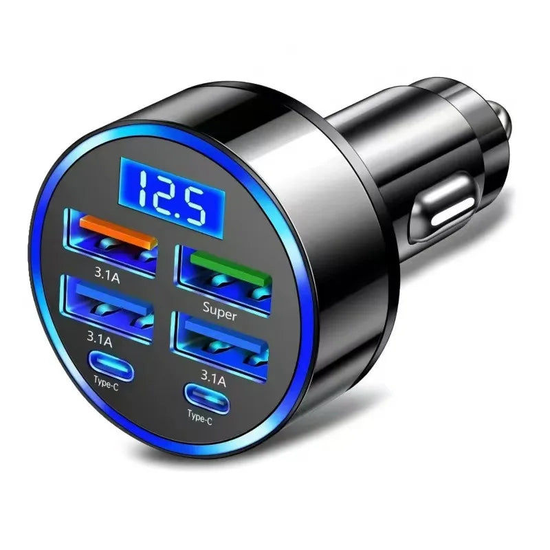 6 in 1 Multi Port Car Charger Super Fast Charging PD QC3.0 USB C Adapter LED Voltage Display Car Cigarette Lighter Phone Charger