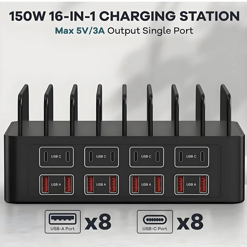 150W Universal USB Charger 16 Port USB Type C Fast Charging 