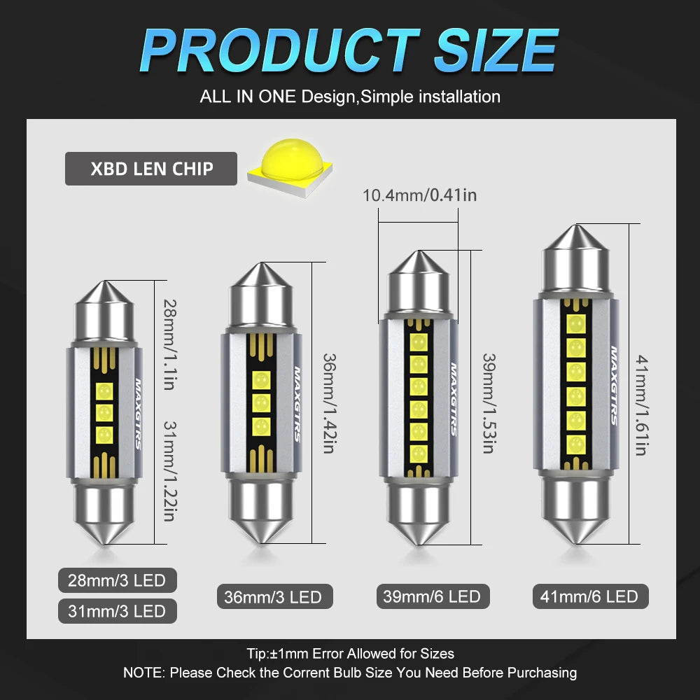 2Pcs MAXGTRS LED C5W C10W 39mm 41mm 42mm LED Festoon Canbus 