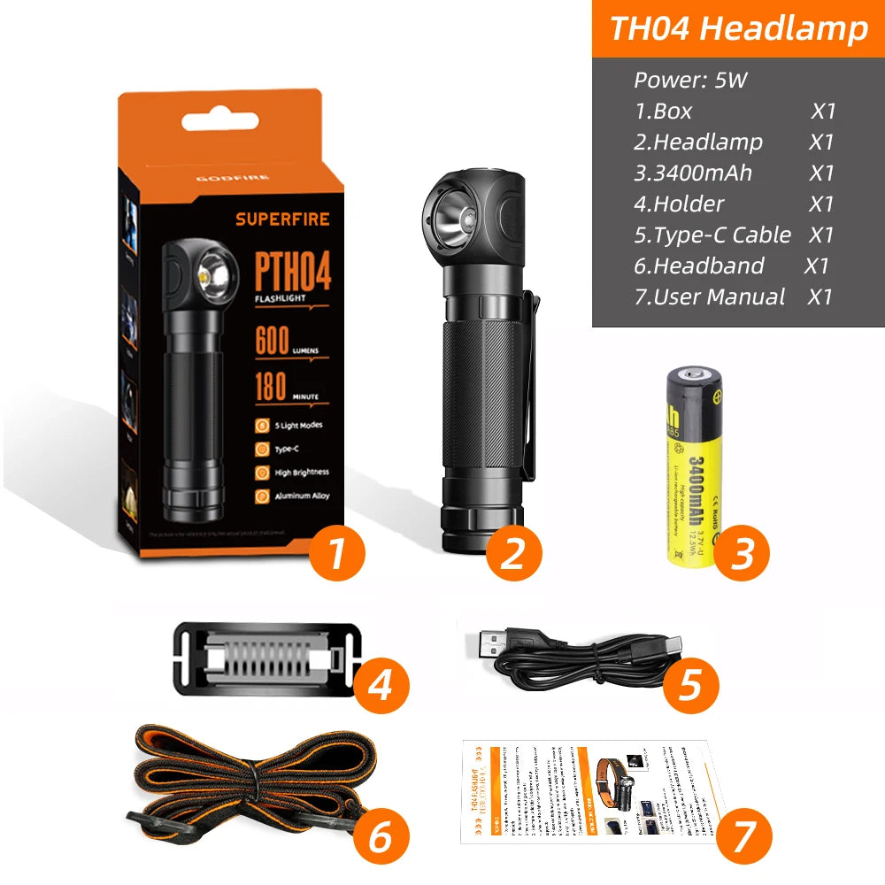 2026 Headlamp Super Bright 1200lm Upgraded version Headlight SUPERFIRE USB C Rechargeable 90 with Magnet Tail Head Flashlight