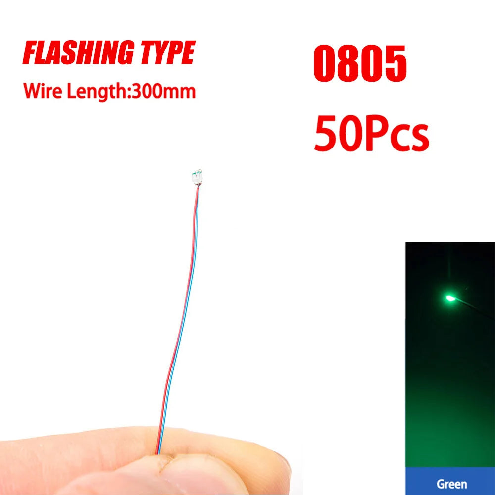 50pcs 0805 FLASHING LED SMD Lamp Wired Micro Litz Led Pre-Soldered Chip Wired 3V Railway Model Toy Light DIY Leads Wires 30cm