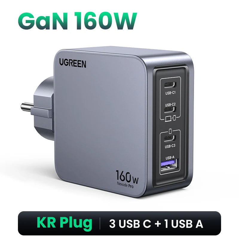 Korean Plug UGREEN 160W GaN Charger PD3.1 QC4.0 Quick Charge For Macbook Pro Laptop iPhone 18 17 Pro Max Xiaomi Tablet iPad