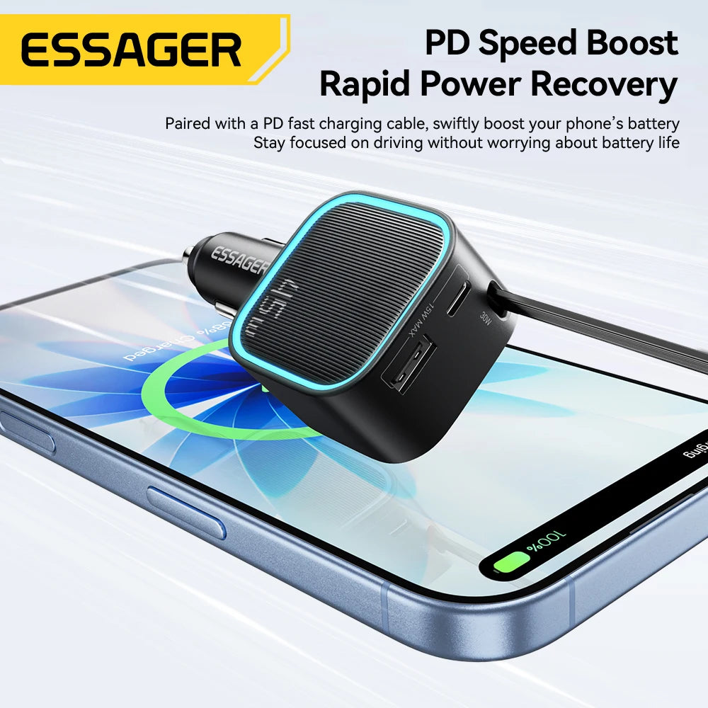 ESSAGER 45W Car Charger PD Fast Charging with Retractable 75