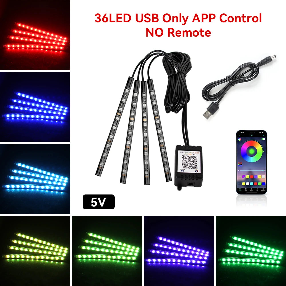 72/48/36 LED RGB Car Foot Ambient Light with USB Cigarette Automotive Interior Lights Strip Decoration Bar Remote/Voice Control