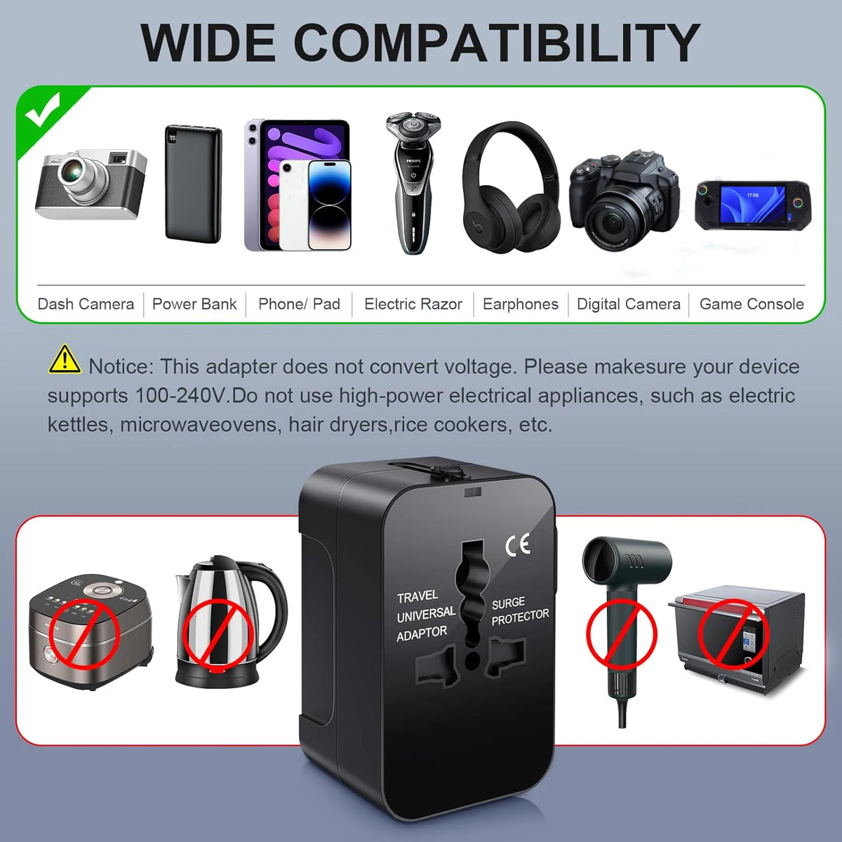 1pc Travel Adapter with 2 USB Charging Ports Dual USB Charge