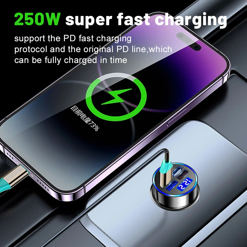 250W LED Car Charger 5 Ports Fast Charge PD QC3.0 USB C Car 