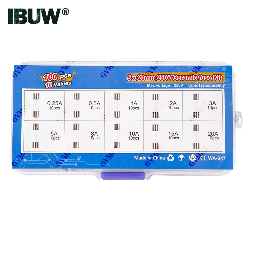 100pcs 5x20mm Quick Blow Glass Tube Fuse Assorted Kit Amp 0.