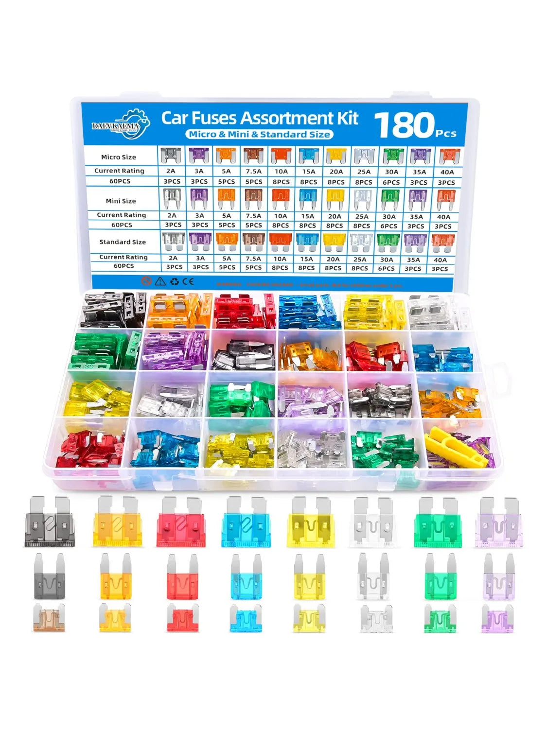 Blade Fuses Automotive Standard & Micro & Mini Fuse with Fuse Puller for Truck Boat RV Car Fuses Assortment Kit 180pcs