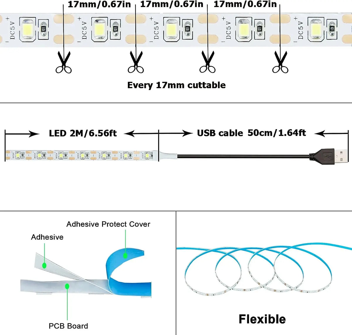 DC 5V USB LED Strip Lights - 2835 SMD Warm White/White Flexi