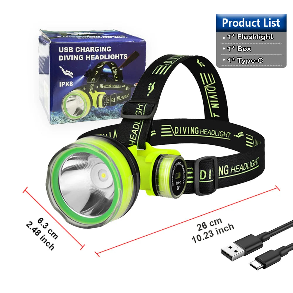 New Rechargeable LED Diving Headlamp Strong Light 50M Professional Diving Head Flashlight Scuba Diving Headlight Fishing Torch
