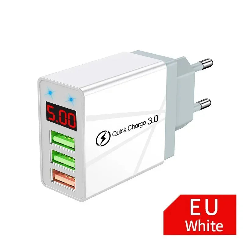 USB Charger 3 Ports Quick Fast Charging Wall Adapter with LED Digital Display For Samsung S24 Xiaomi 15 17 Pro Huawei Mate Redmi