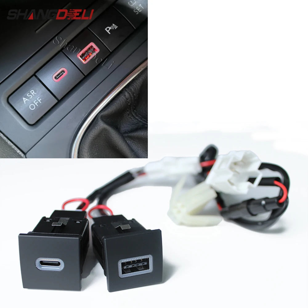 12V Red LED Car Socket Charger Dual USB PD Type C Port Phone