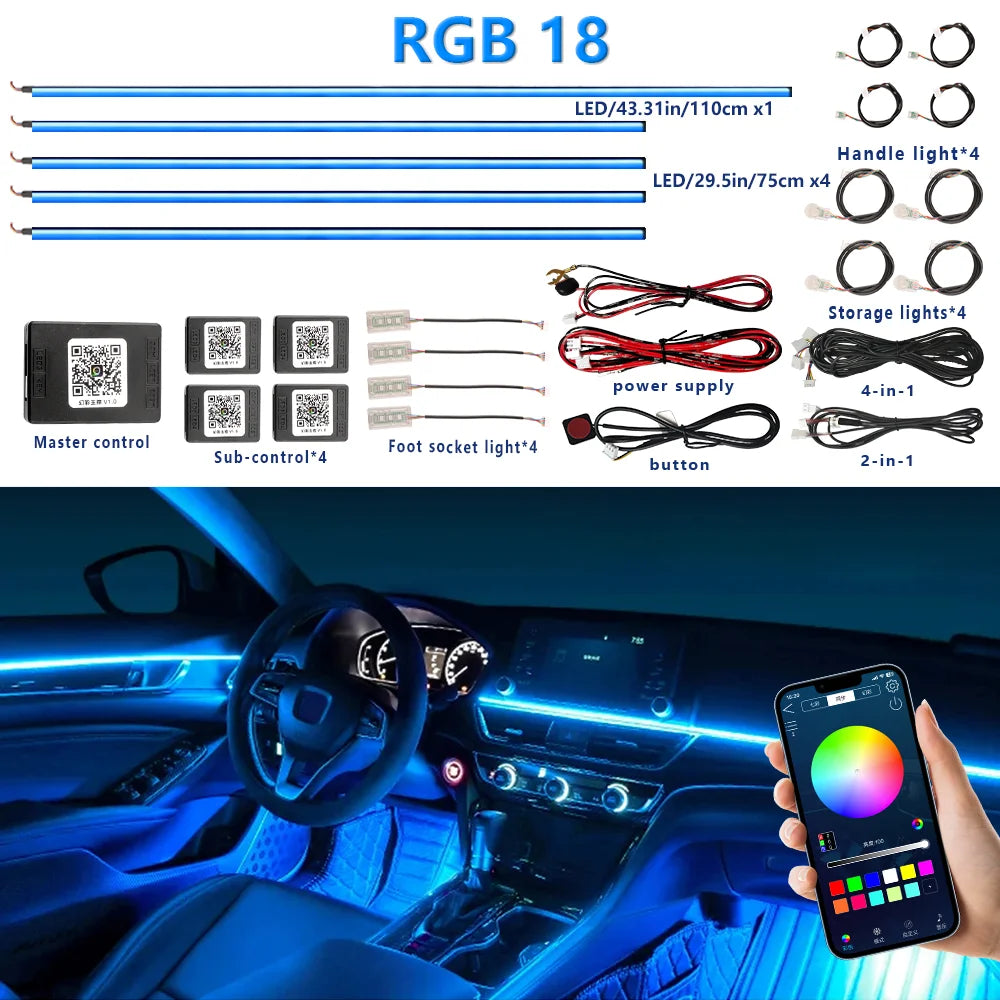 22 In 1 Full Color Streamer Car Ambient Lights RGB 64 Color Universal LED Interior Hidden Acrylic Strip Symphony Atmosphere Lamp