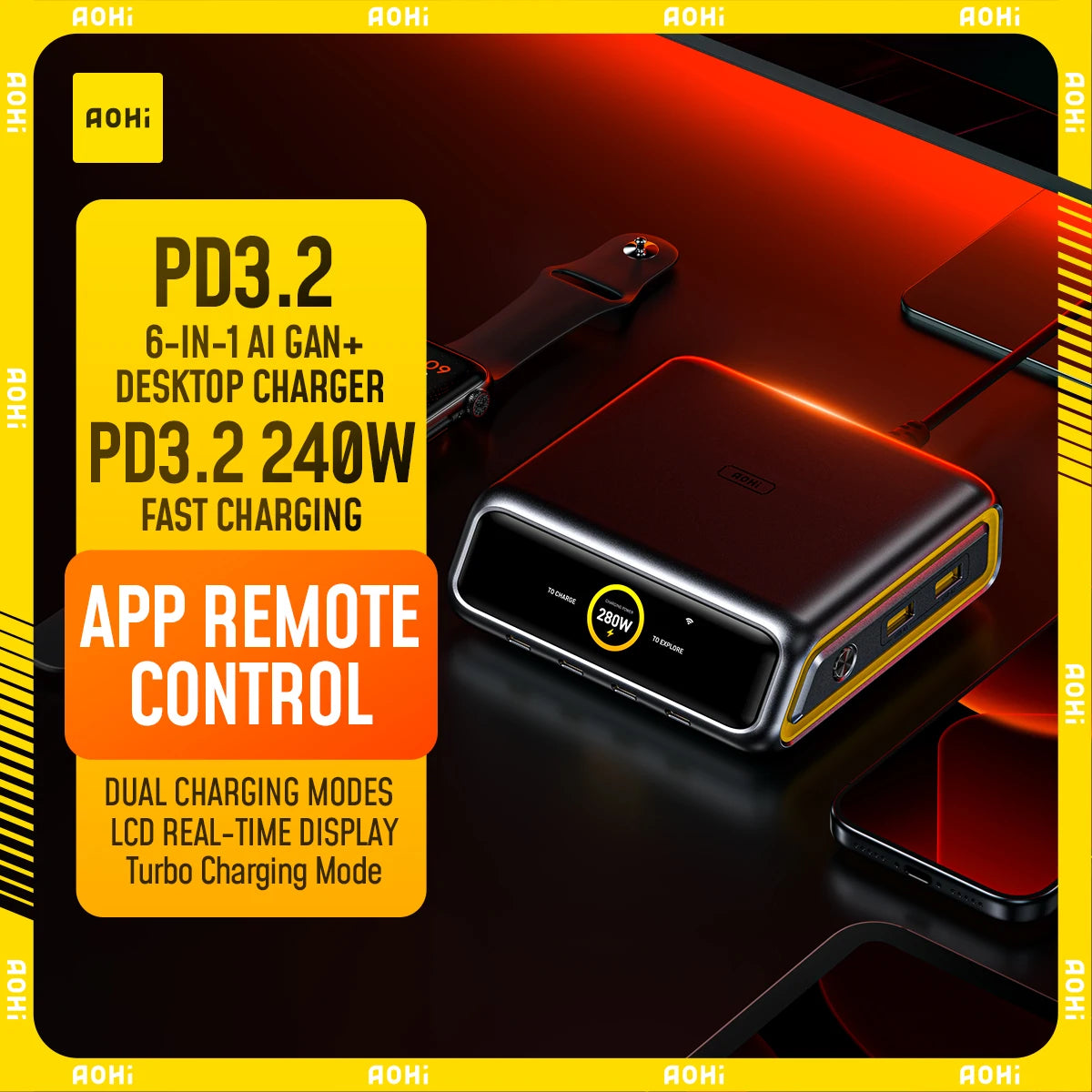NEW AOHi 280W GaN+ Desktop Charger 6-Port Power Hub