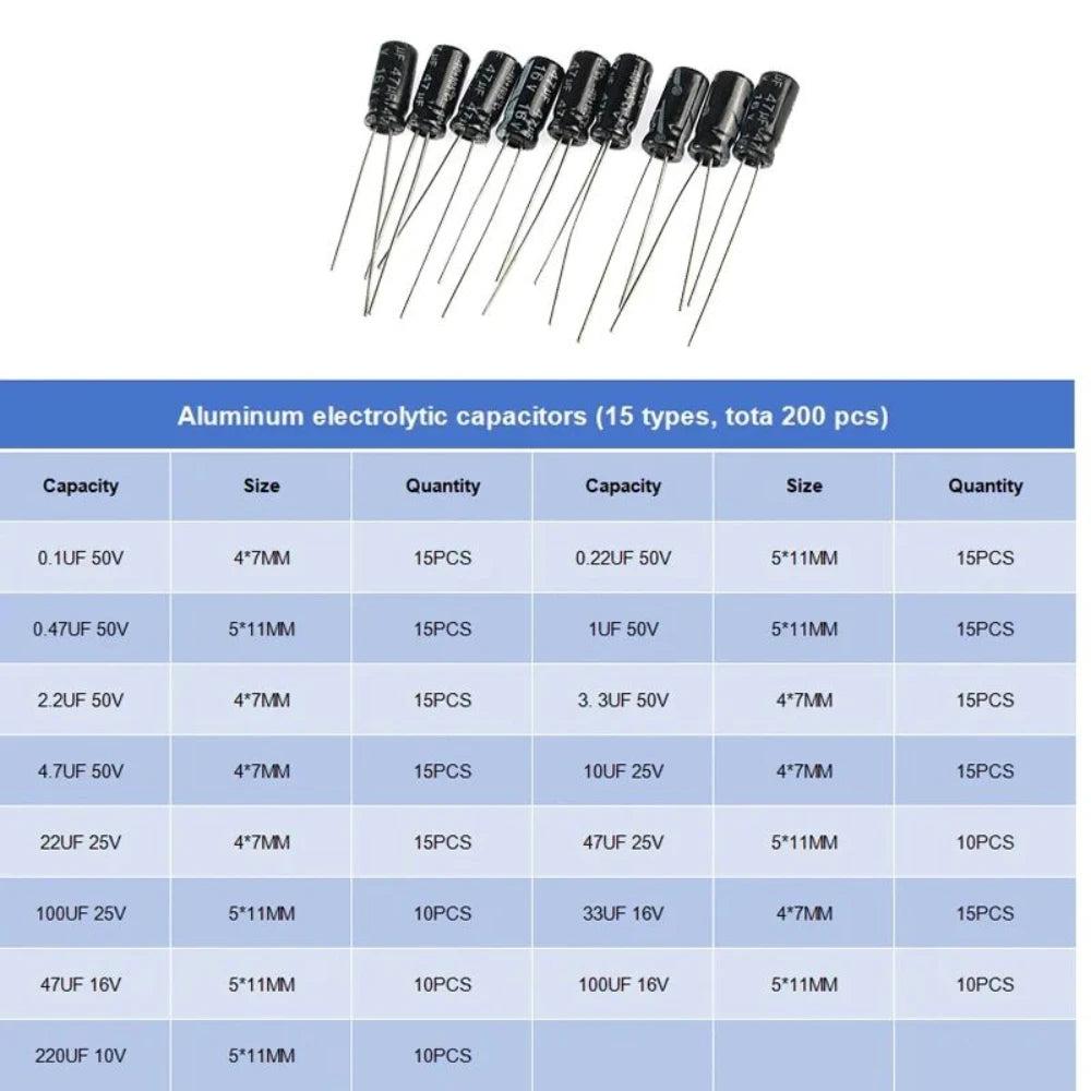 200PCS 10V 16V 25V 50V Aluminum Electrolytic Capacitor Assor