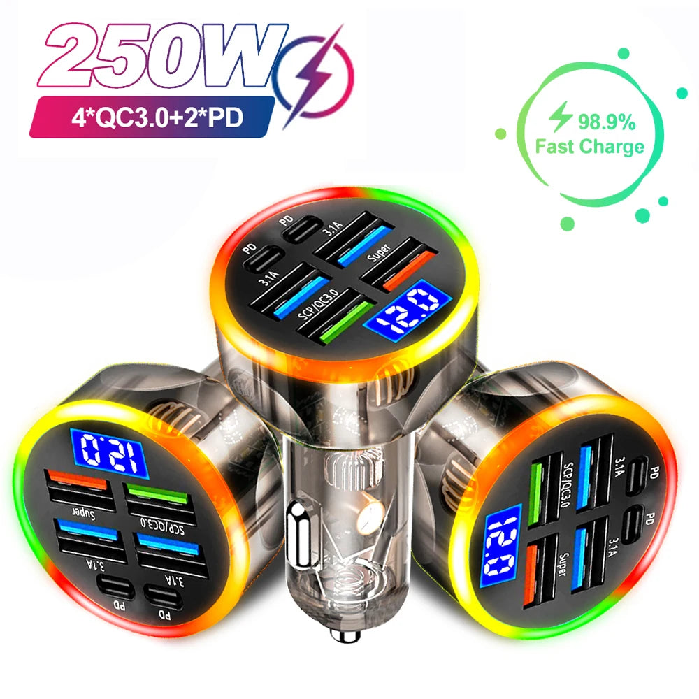 250W Fast Car Charger 6 Ports Quick Charge PD Type C USB A A