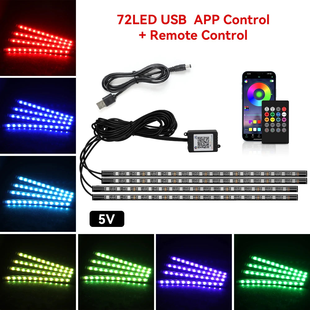 72/48/36 LED RGB Car Foot Ambient Light with USB Cigarette Automotive Interior Lights Strip Decoration Bar Remote/Voice Control