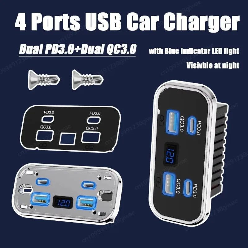 NEW 4-Port 12-24V RV USB Outlet Fast Car Charging Dual PD3.0