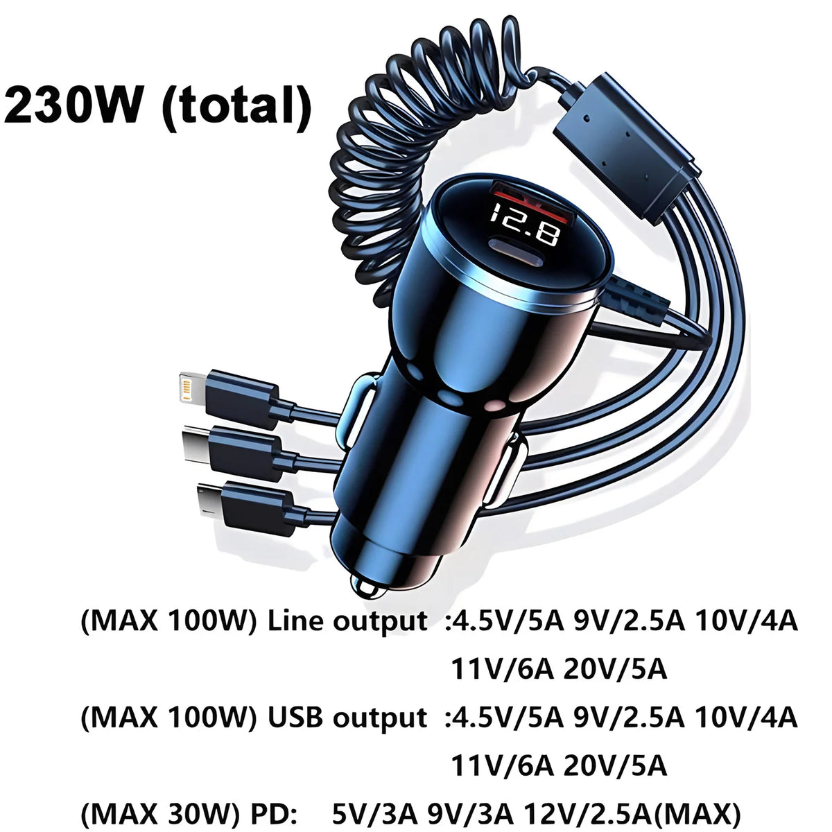 230W Car Charger 5 Ports Fast Charge PD QC3.0 USB C Car Phon