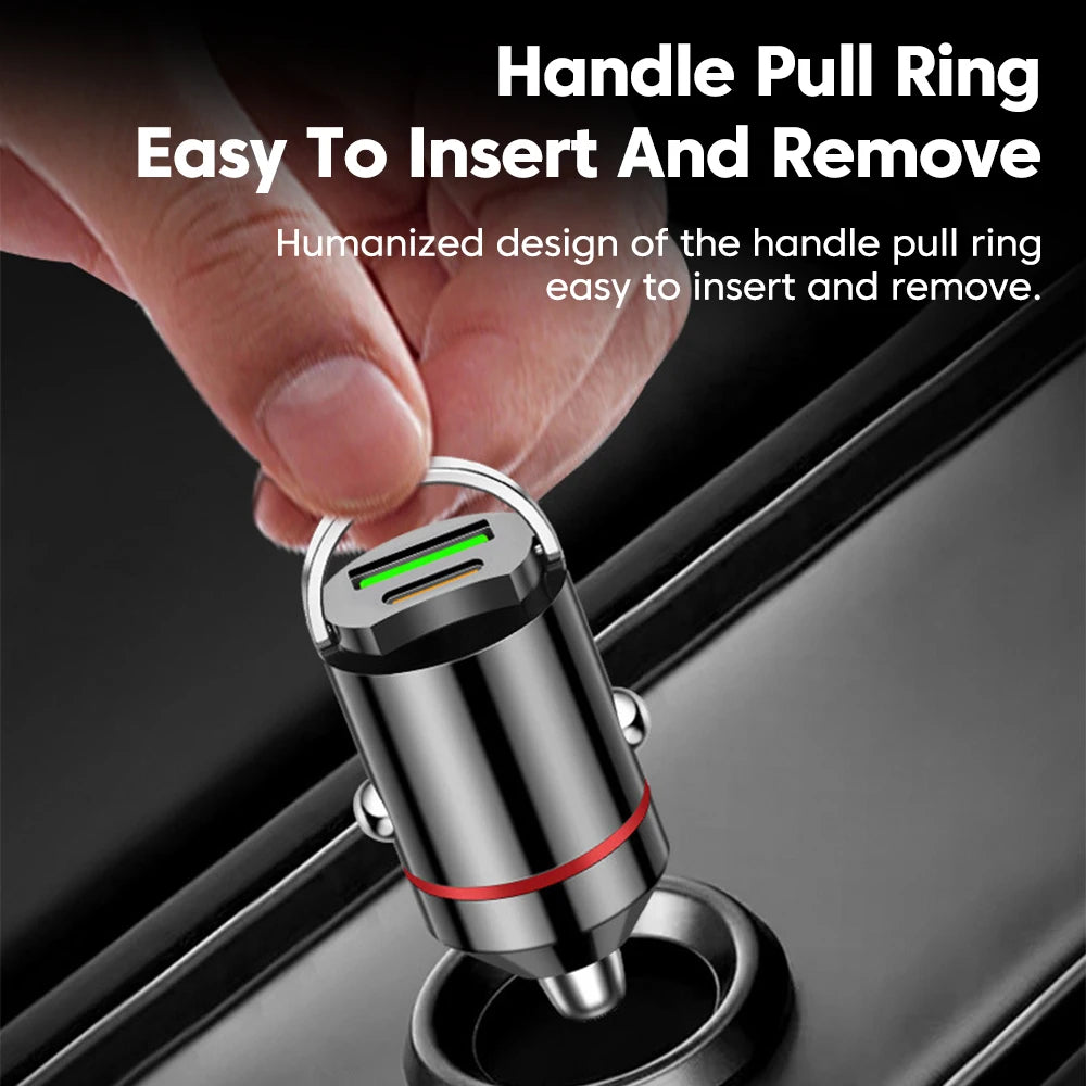 100W Dual Ports Mini Car Pull Ring Charger PD30W USB Type C 
