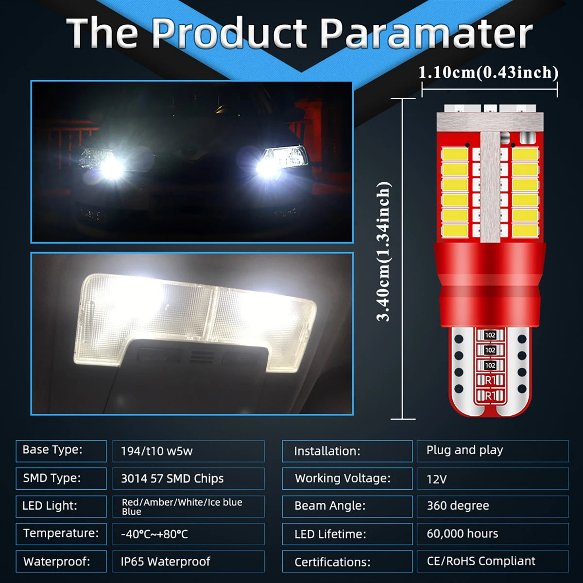 2pcs T10 W5W LED CANBUS No Error 12V Car Side Interior Light