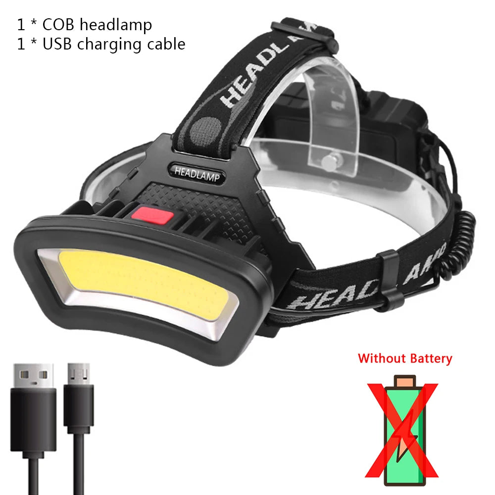 COB LED Headlamp USB Rechargeable Red White Light Fishing Headlight Waterproof Night Outdoor Camping Hunting Head Light Lantern