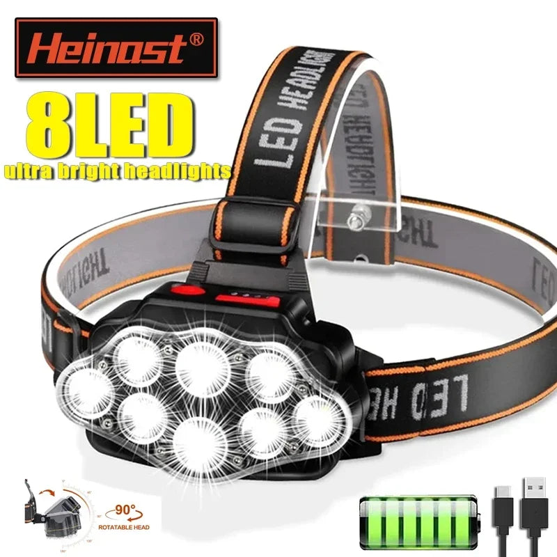 USB Rechargeable Headlamp High Lumen Bright Head Lamp with 8