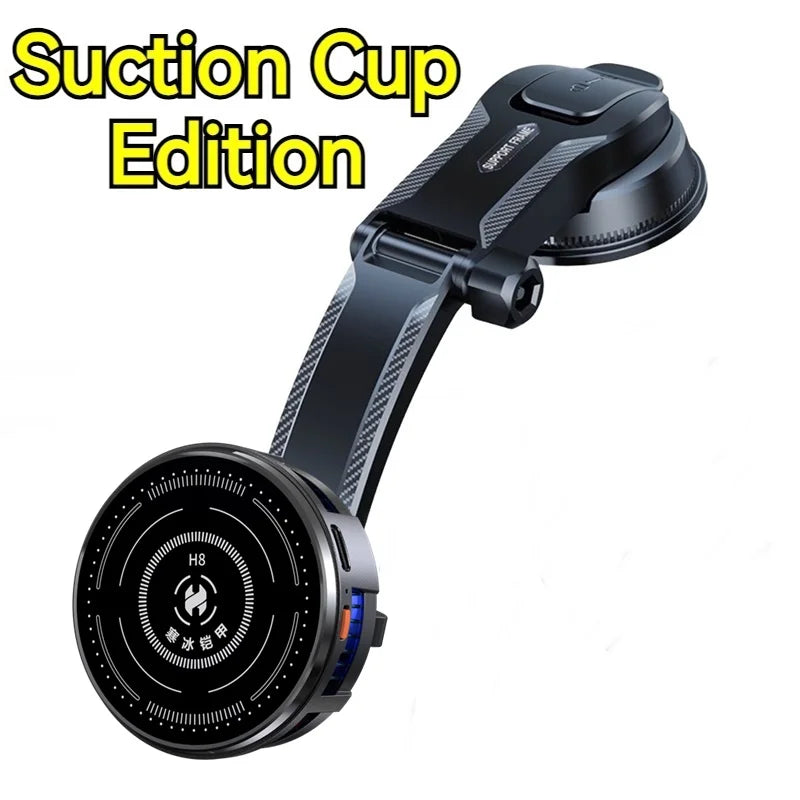 Magnetic Semiconductor Cooling Car Phone Holder with Suction Cup RGB Ambient Lights 3-Gear Adjustment Compatible with Smartphone