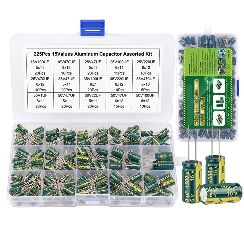15/24/36 Values 225/460/925Pcs Aluminum Electrolytic Capacitors 16V-50V Electrolytic Capacitor Assortment Kit with Storage Box