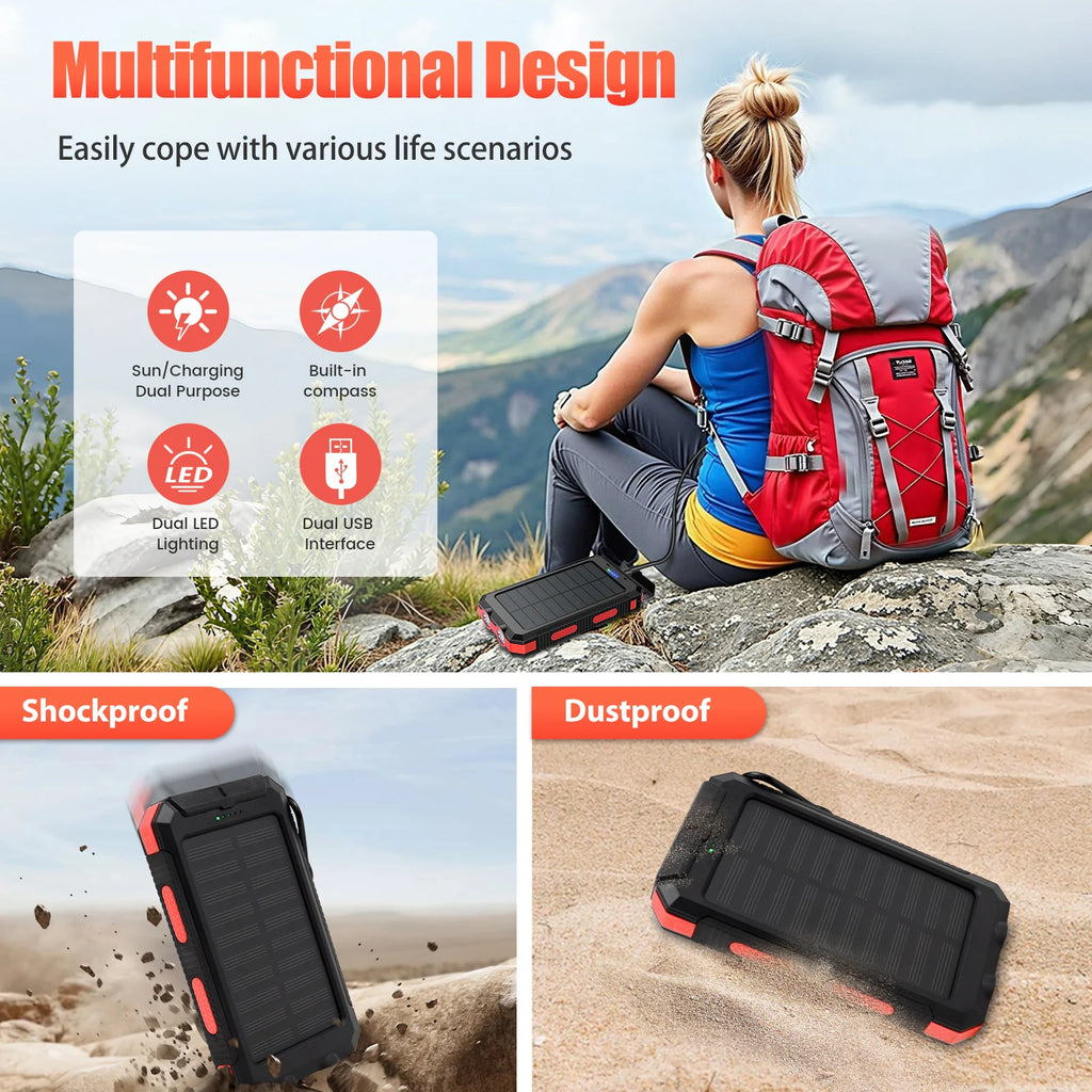 10000mAh Solar Power Bank Portable Waterproof Outdoor Dual 5