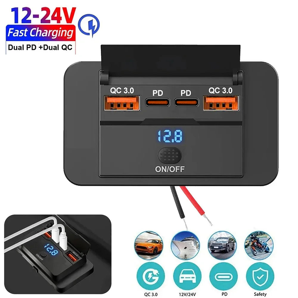 4-Port Car Charger Socket Adapter With Switch 12V/24V PD QC3