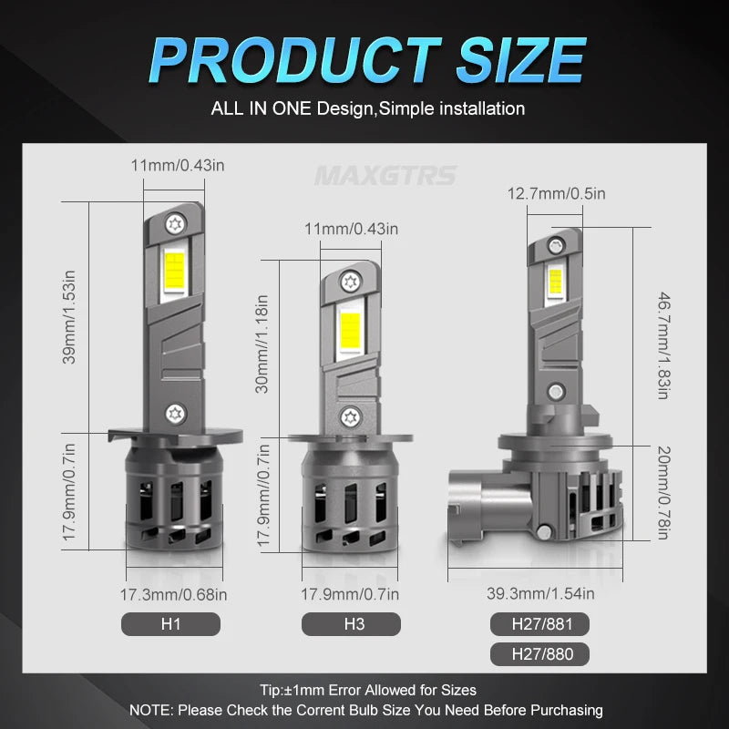 2Pcs 20000LM H8 H11 H7 LED CSP Chip Car Headlight Bulbs HB4 