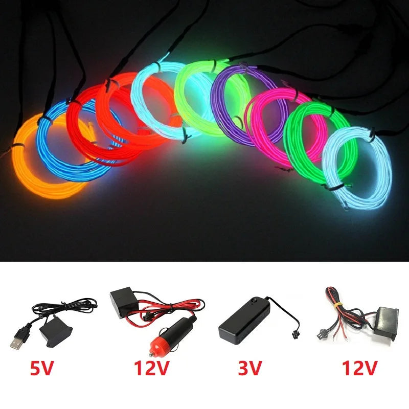 10m/5m/3m/1m 3V Battery 5V USB 12V Neon Glow EL Wire Rope wi