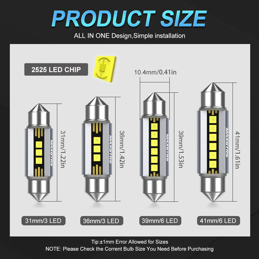 2Pcs MAXGTRS LED C5W C10W 39mm 41mm 42mm LED Festoon Canbus 